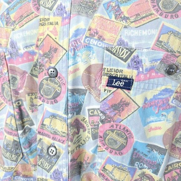 Lee International Travel Shirt Vintage 90s All Over Print Button Down Mens Large - Picture 2 of 7